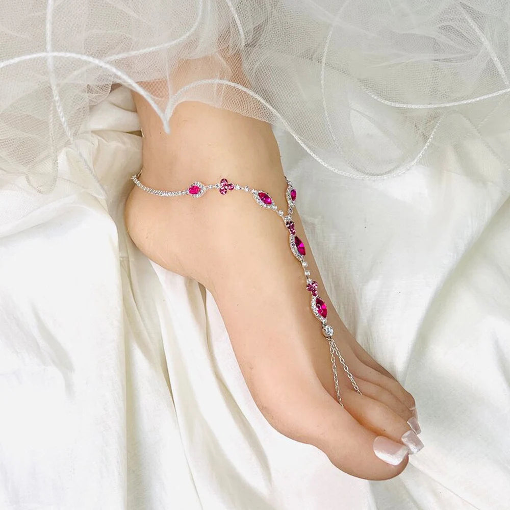 Stone Fans New Arrival High-grade Full Rose Red Rhinestone Anklet J Fashion Summer Beach Sexy Foot Jewelry for Woman