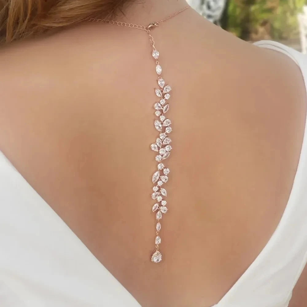 Beautiful Leaf Zircon Bridal Back Necklace Metal Chain for Girls, Festival Wedding Jewelry Beach Rhinestone Body Chain, Charming Party Gift
