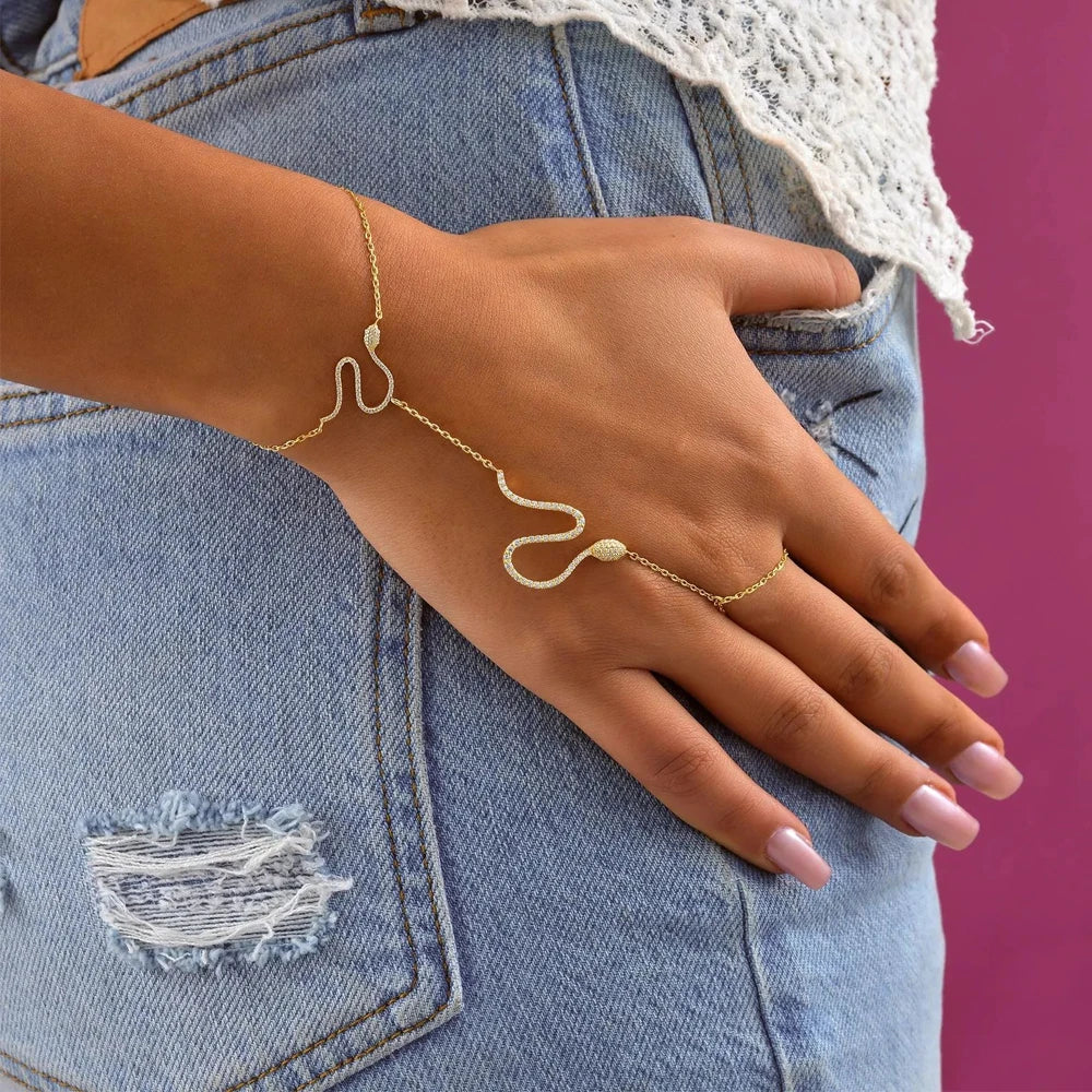 Stonefans Fashion Snake Hand Chain Bracelet  Woman Unique Party Jewelry Adjustable Rhinestone Finger Bracelet Prom Accessories