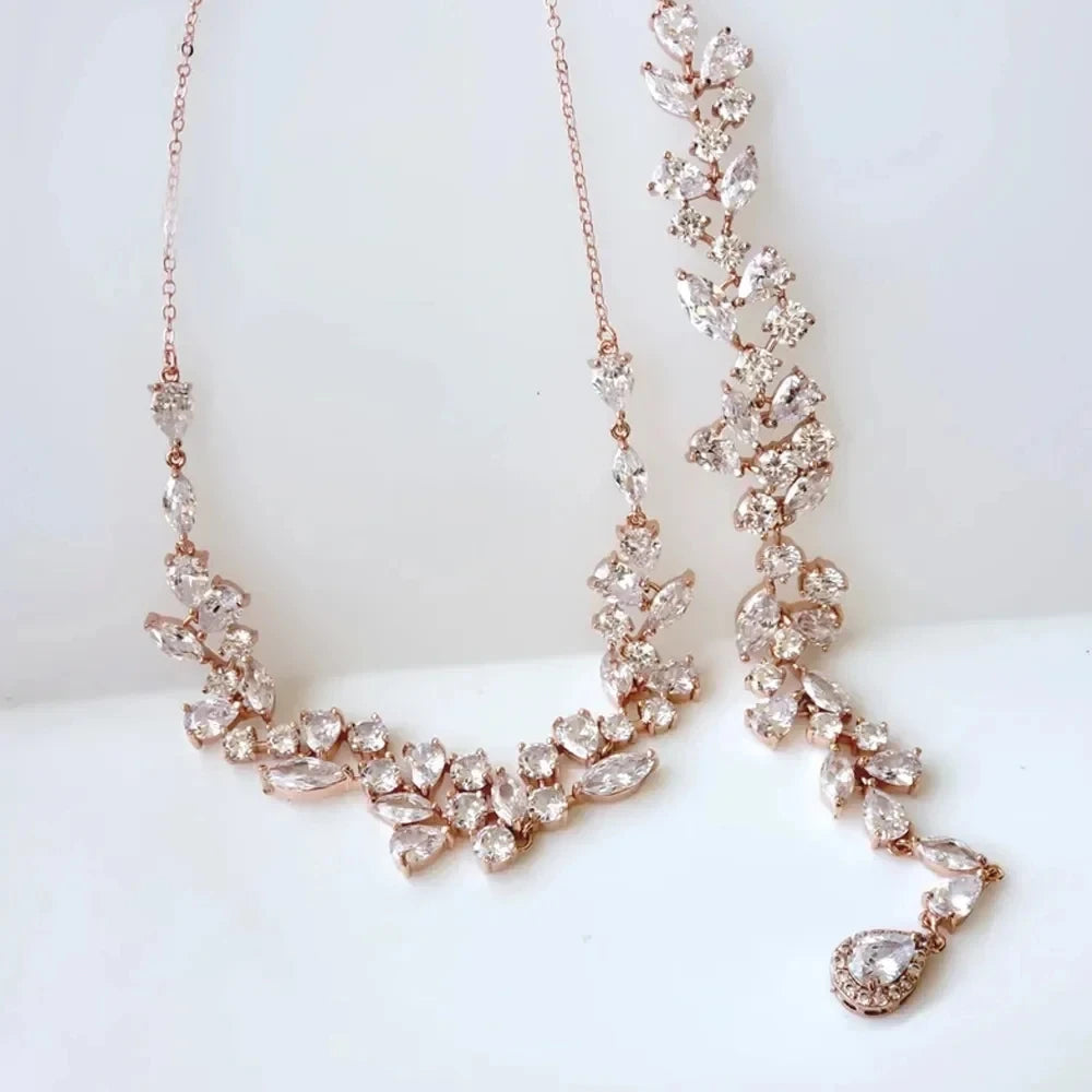 Beautiful Leaf Zircon Bridal Back Necklace Metal Chain for Girls, Festival Wedding Jewelry Beach Rhinestone Body Chain, Charming Party Gift