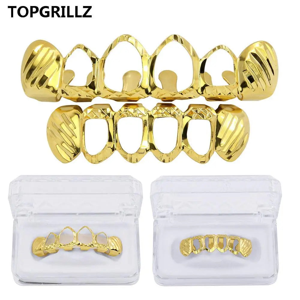 Beautiful New Gold And Silver Color Hollow Open Diampnd Cut 6 Teeth Top & Nice Bottom Grills Braces Caps Hip Hop, Veloratok Party Jewelry