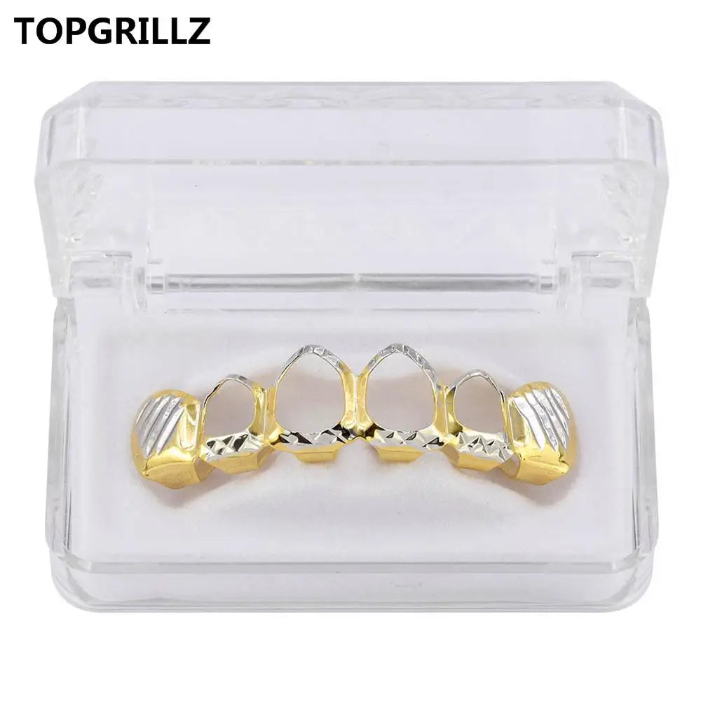 Beautiful New Gold And Silver Color Hollow Open Diampnd Cut 6 Teeth Top & Nice Bottom Grills Braces Caps Hip Hop, Veloratok Party Jewelry