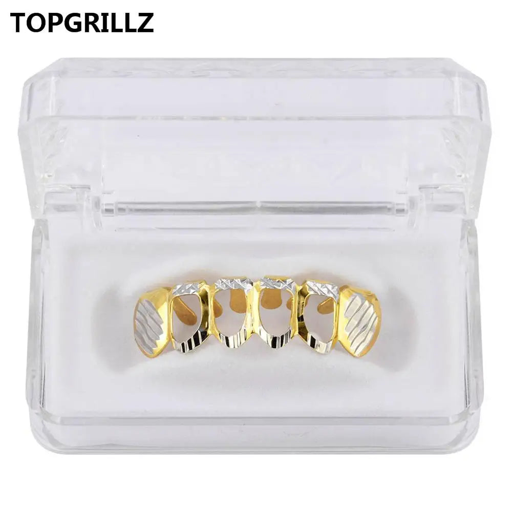 Beautiful New Gold And Silver Color Hollow Open Diampnd Cut 6 Teeth Top & Nice Bottom Grills Braces Caps Hip Hop, Veloratok Party Jewelry