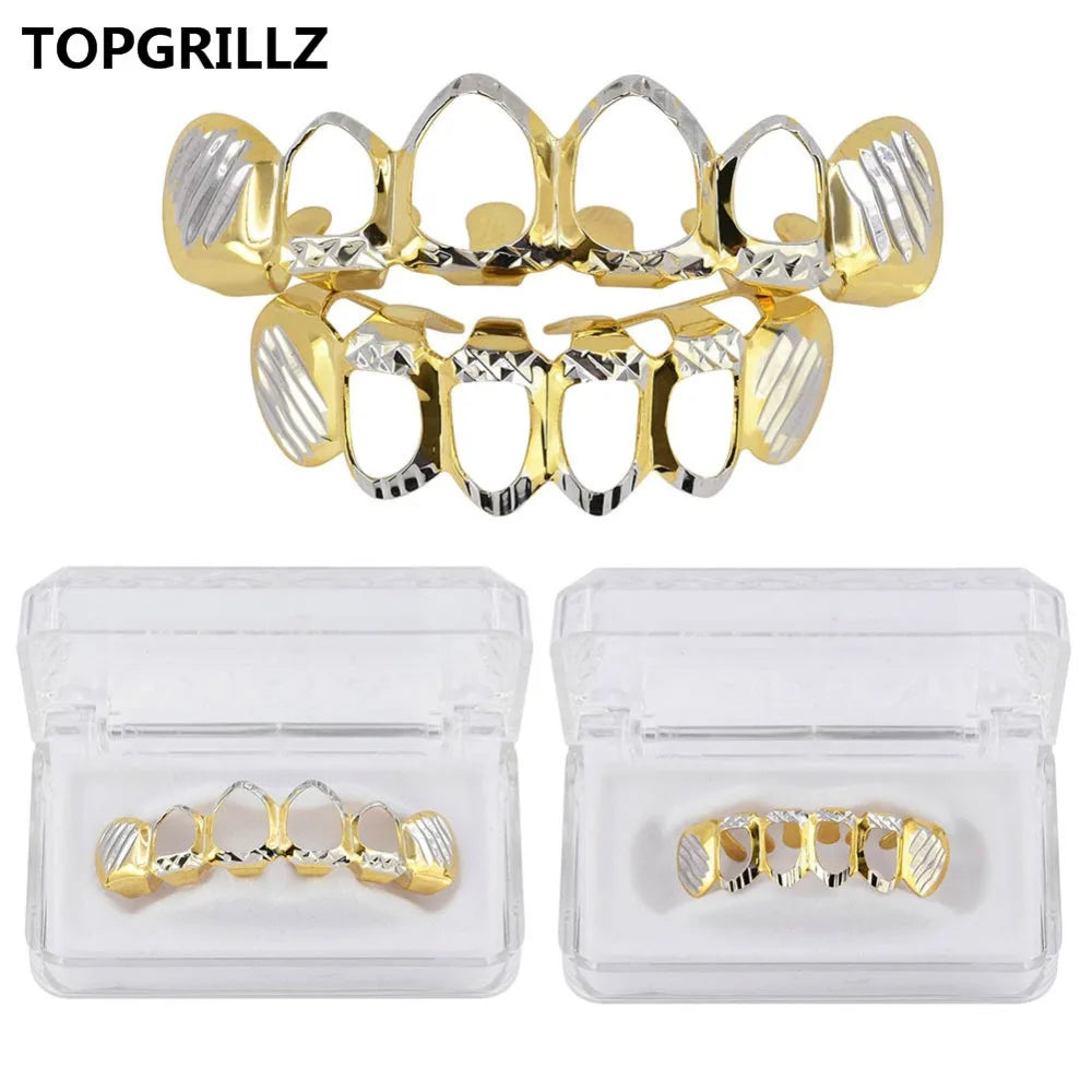 Beautiful New Gold And Silver Color Hollow Open Diampnd Cut 6 Teeth Top & Nice Bottom Grills Braces Caps Hip Hop, Veloratok Party Jewelry