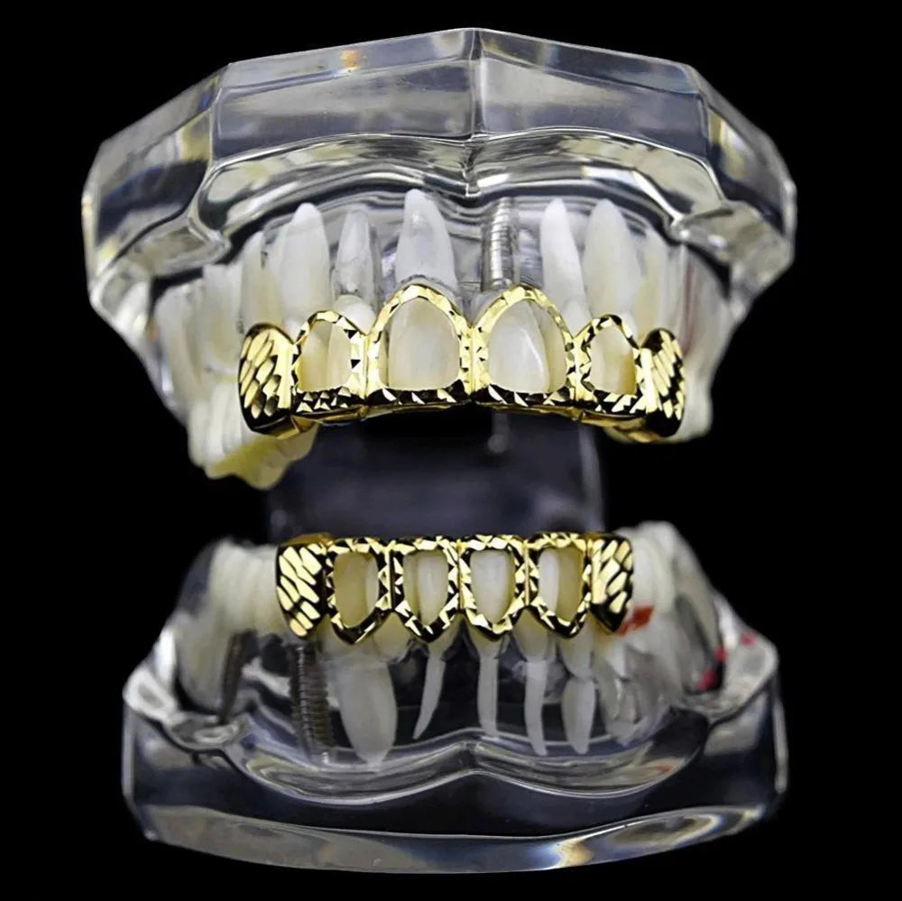 Beautiful New Gold And Silver Color Hollow Open Diampnd Cut 6 Teeth Top & Nice Bottom Grills Braces Caps Hip Hop, Veloratok Party Jewelry