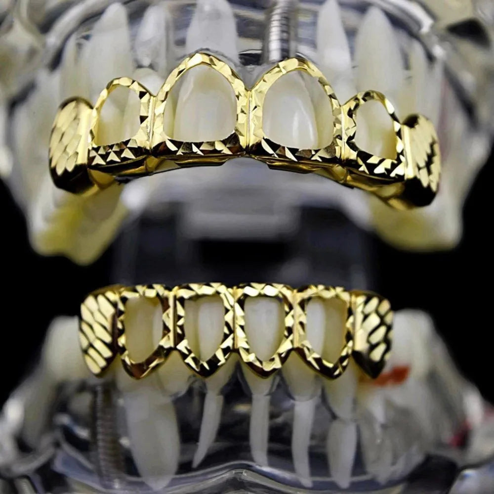 Beautiful New Gold And Silver Color Hollow Open Diampnd Cut 6 Teeth Top & Nice Bottom Grills Braces Caps Hip Hop, Veloratok Party Jewelry