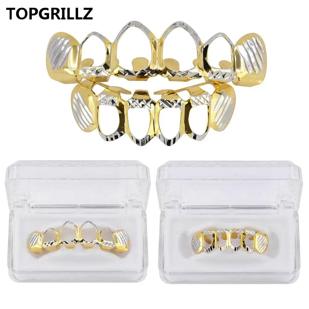 Beautiful New Gold And Silver Color Hollow Open Diampnd Cut 6 Teeth Top & Nice Bottom Grills Braces Caps Hip Hop, Veloratok Party Jewelry