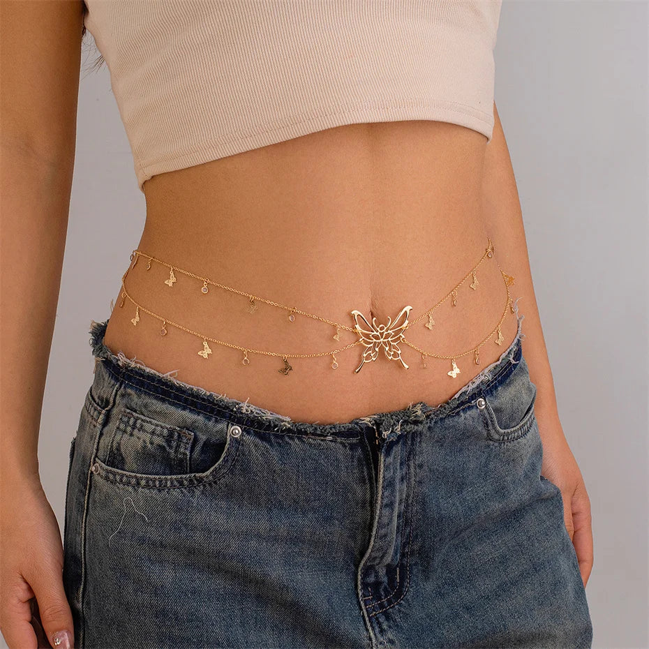 Boho Schmetterling Taille Bauch Gürtel Kette für Frauen Sommer Bikini Kristall Quaste Anhänger Link Körper Schmuck Geschenk