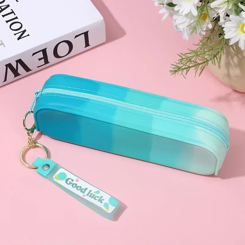1Pc Cute Gradient Silicone Pencil Case Lovely Kids Waterproof Stationery Organizer Pen Kawaii School Supplies with Cartoon Rope