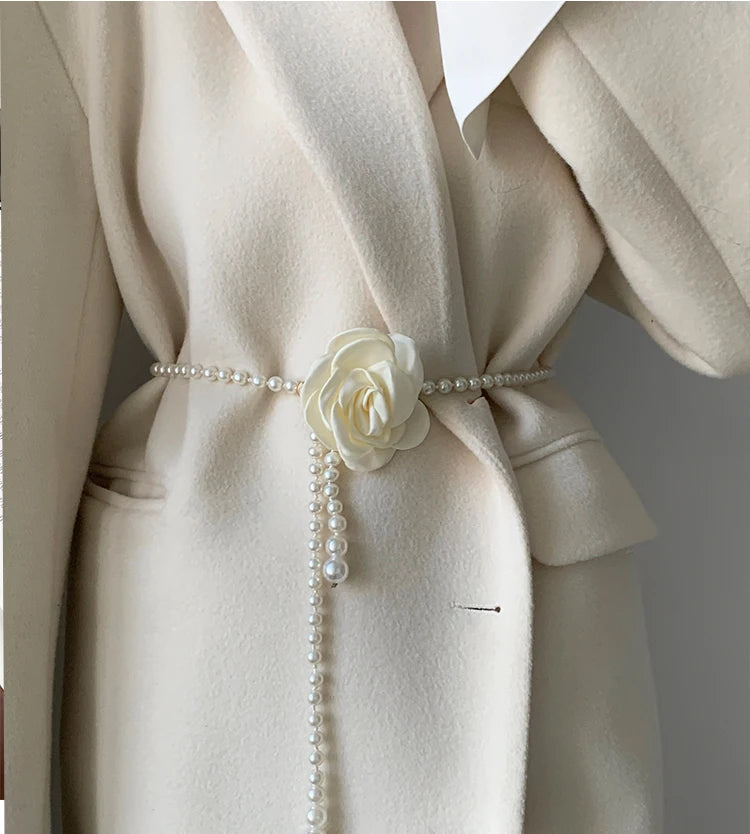Adorable Pearl Waist Belt Women's New Style Camellia Decorative Versatile Waist Belt Matching Dress Coat Jacket Fashion Elegant Belt