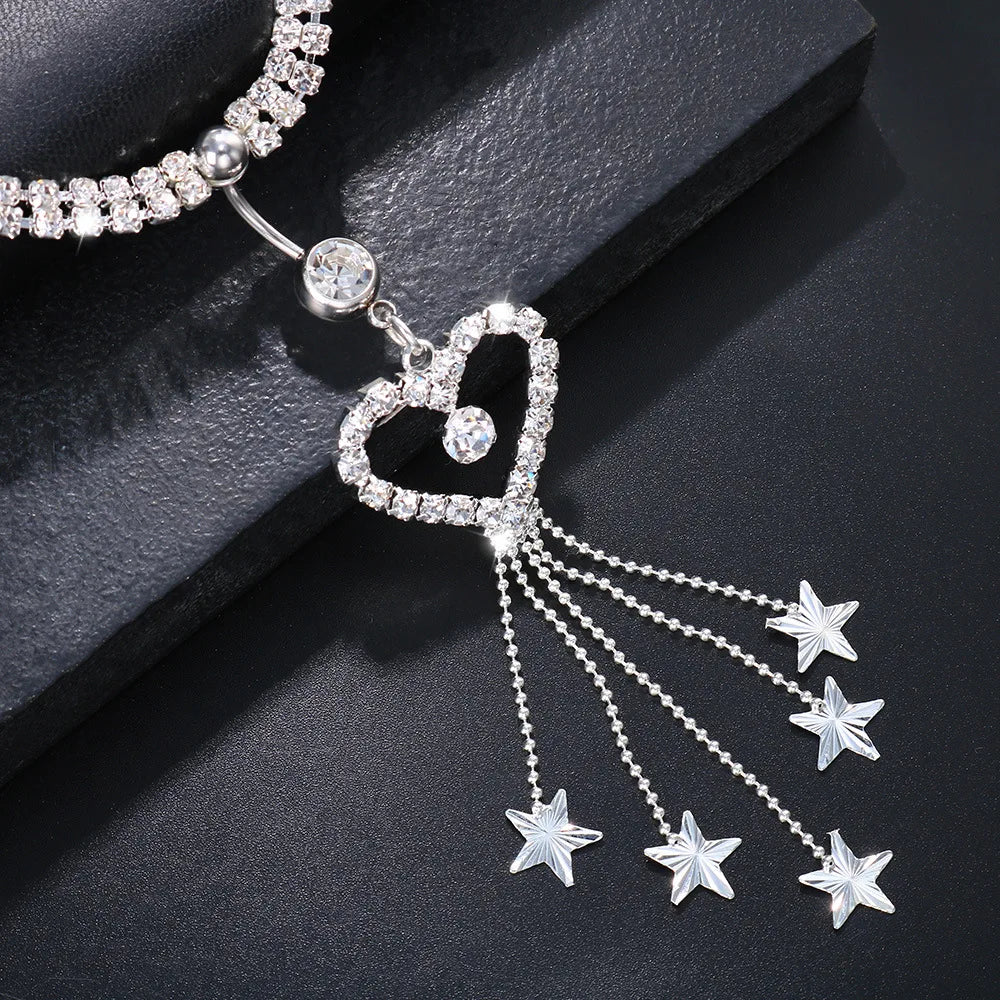 Boho Heart Dangle Rhinestone, Nice Piercing Navel Chain Belly Button Ring with Waist Chain Girls, Pretty Navel Piercing, Lovely Body Jewelry From Veloratok