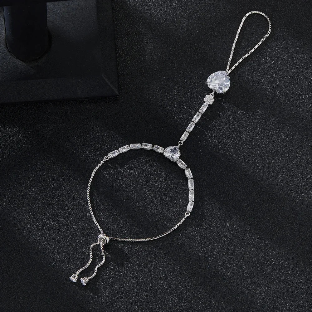 Stonefans Luxury Handmade CZ Heart Bracelet Hand Chain for Women Adjustable Back Hand Bracelet Finger Ring Fairy Slave Jewelry