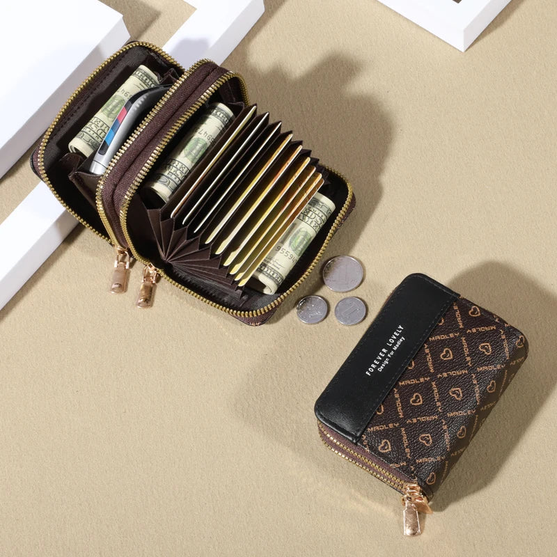 RFID Protection Mini Wallet - Chic Faux Leather with Double Zipper, Multiple Card Slots & Slip Pocket, Compact Classic Clutch