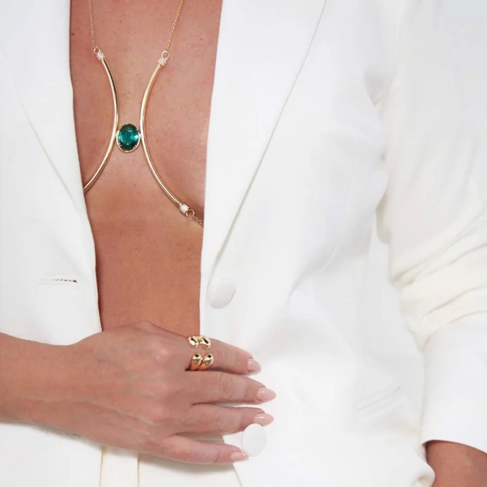 Pretty Green Crystal Metal Chest, Bracket Bra Dress Accessories Rhinestone Clothing Jewelry, Sexy Body Chain Lingerie for Girls