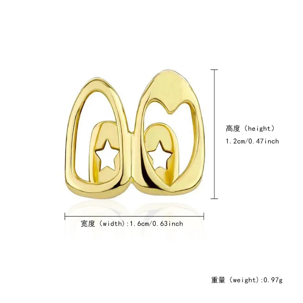 2pcs Set Hip-hop Gold Color Hollowed Hearts Zircon Inlay, Nice Stainless Steel Dental Grills for Women And Men, Fashion Teeth Jewelry Accessories