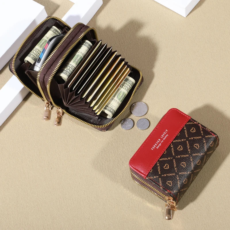 RFID Protection Mini Wallet - Chic Faux Leather with Double Zipper, Multiple Card Slots & Slip Pocket, Compact Classic Clutch