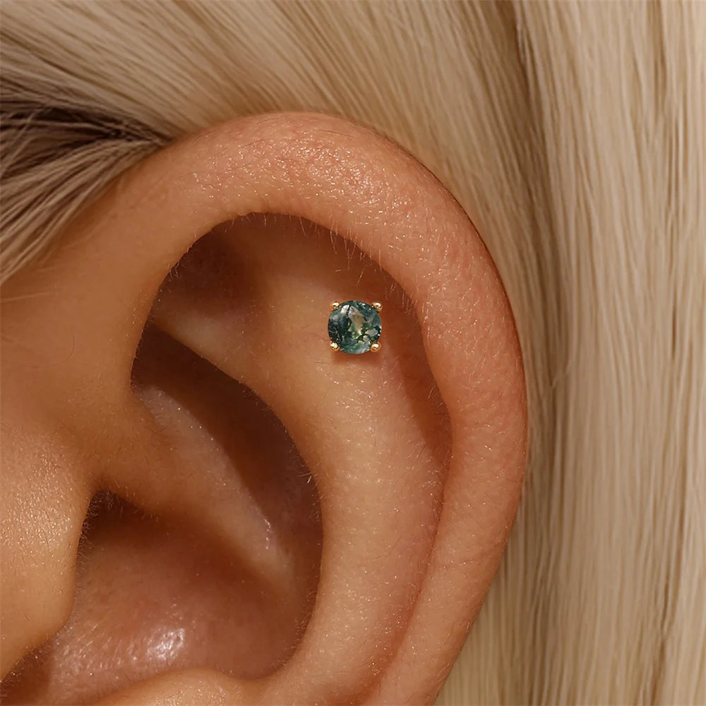 Natural Moss Agate Threaded Puncture Ear Bone, Nail 925 Sterling Silver Tassel Geometric, Nice Green Moss Piercing Earring