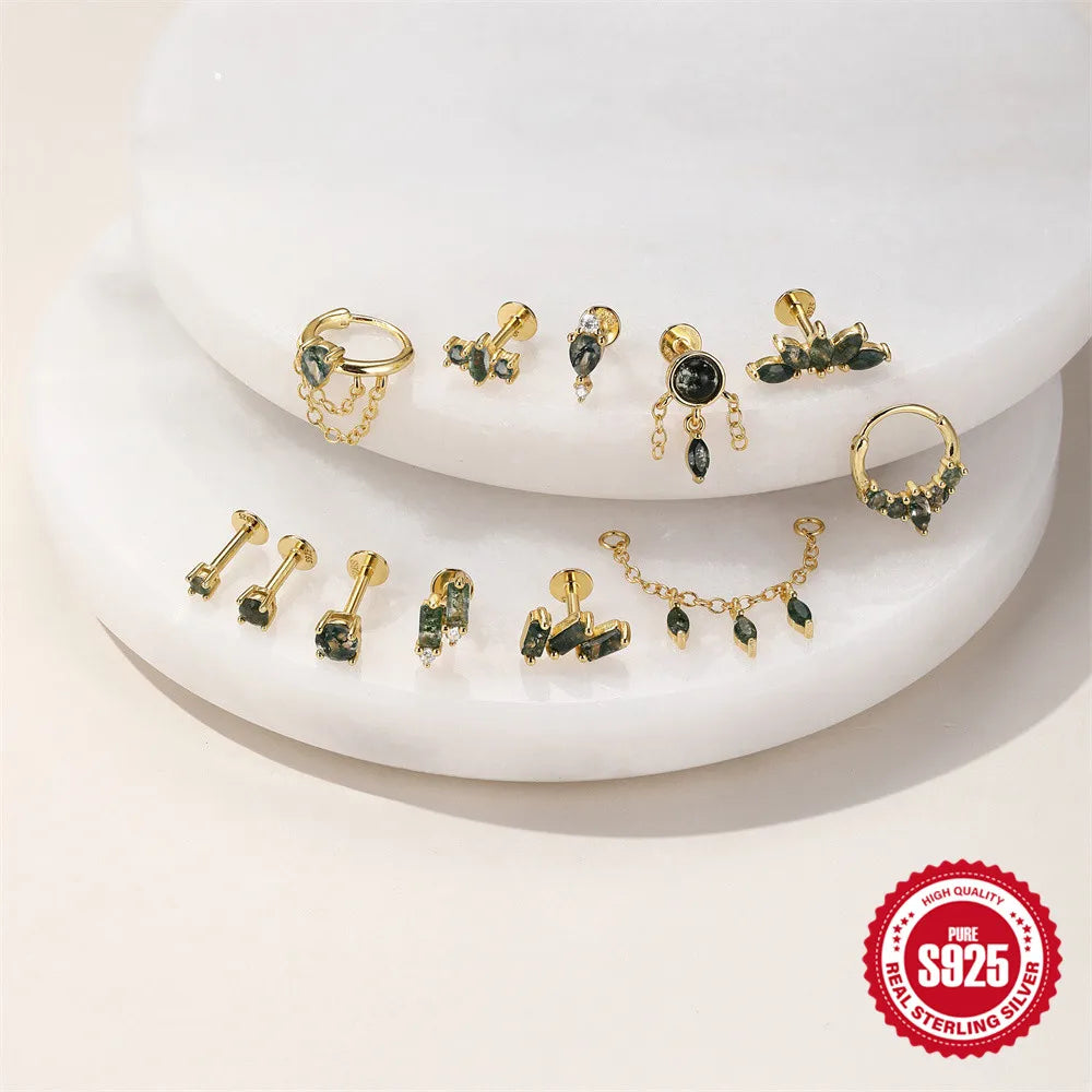 Natural Moss Agate Threaded Puncture Ear Bone, Nail 925 Sterling Silver Tassel Geometric, Nice Green Moss Piercing Earring