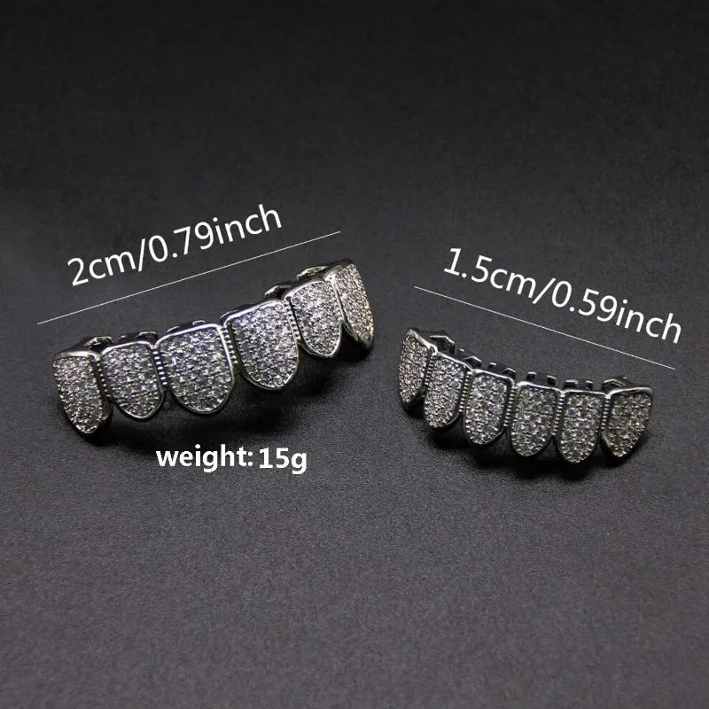 New Hip Hop CZ Teeth Set For Unisex Top And Bottom Mouth, Gold And Silver Color Teeth, Trendy Tooth Cap Removable Dental, Fashion Jewelry Gift