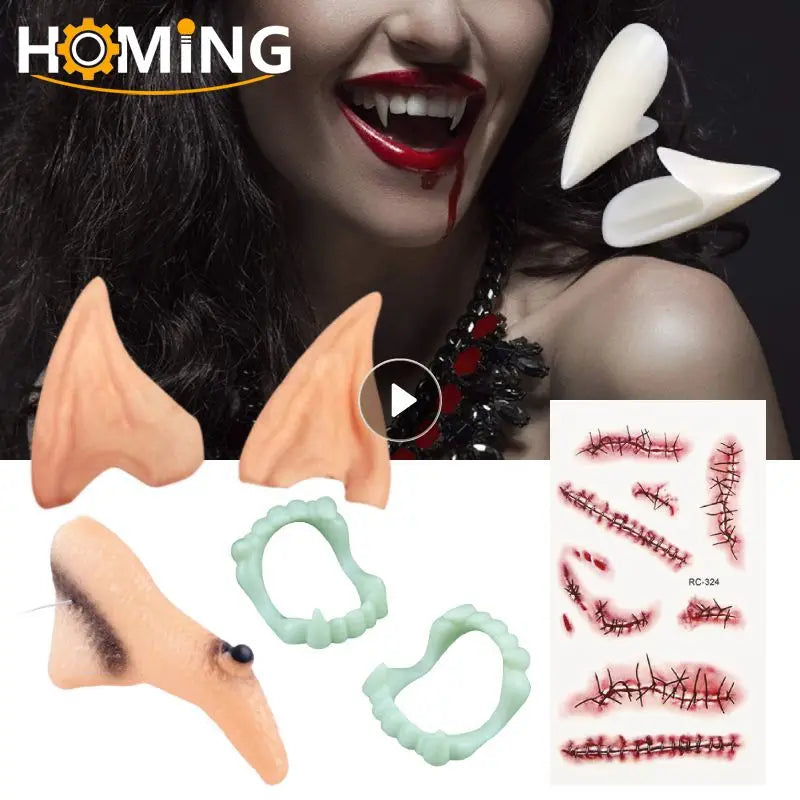Halloween Fangs, Unique Vampire Teeth Dentures Artificial Elf Ears Witch Nose Halloween Cosplay Costume Props Halloween Party Decor