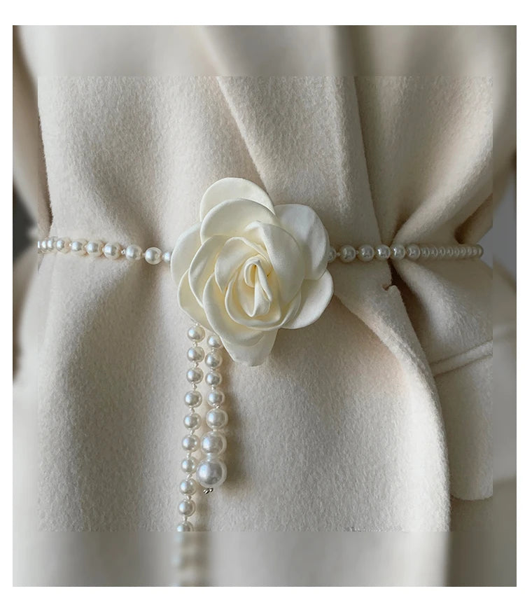 Adorable Pearl Waist Belt Women's New Style Camellia Decorative Versatile Waist Belt Matching Dress Coat Jacket Fashion Elegant Belt