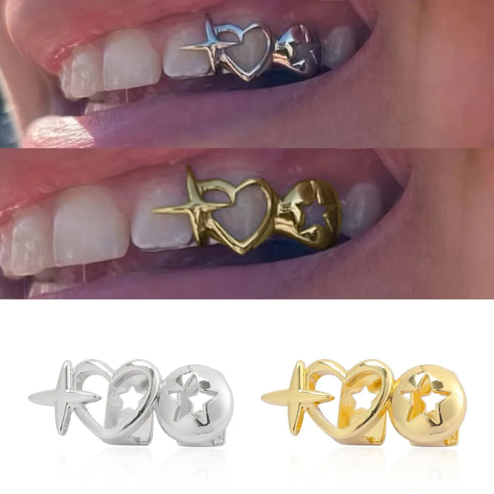 Hip-hop Personality Double Hollowed-out Heart Shape Stars, Stainless Steel Dental Grills for Women And Men , New Halloween Teeth Jewelry