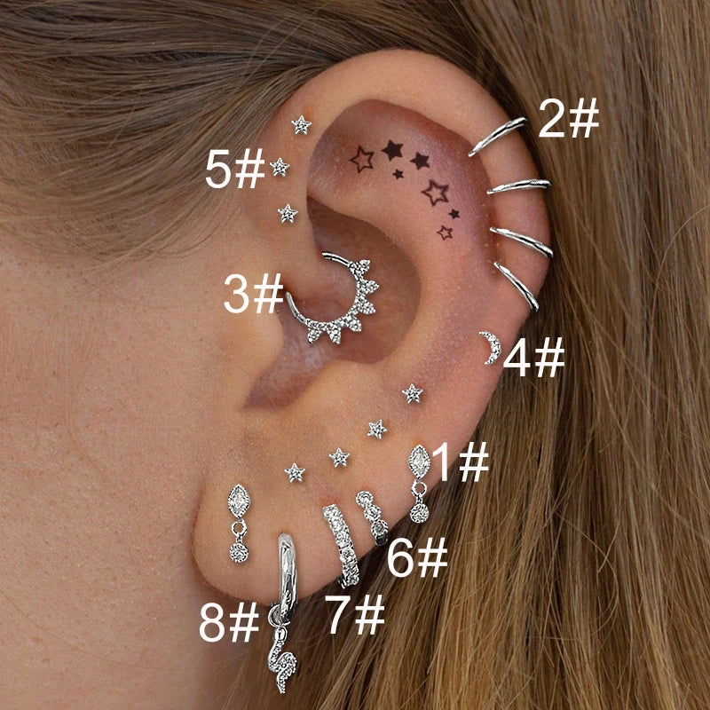 Helix Conch Piercing Snake Earrings for Women Silver Color Moon Star Daith Tragus Cartilage Ear Hoop Septum Rook Fashion Jewelry