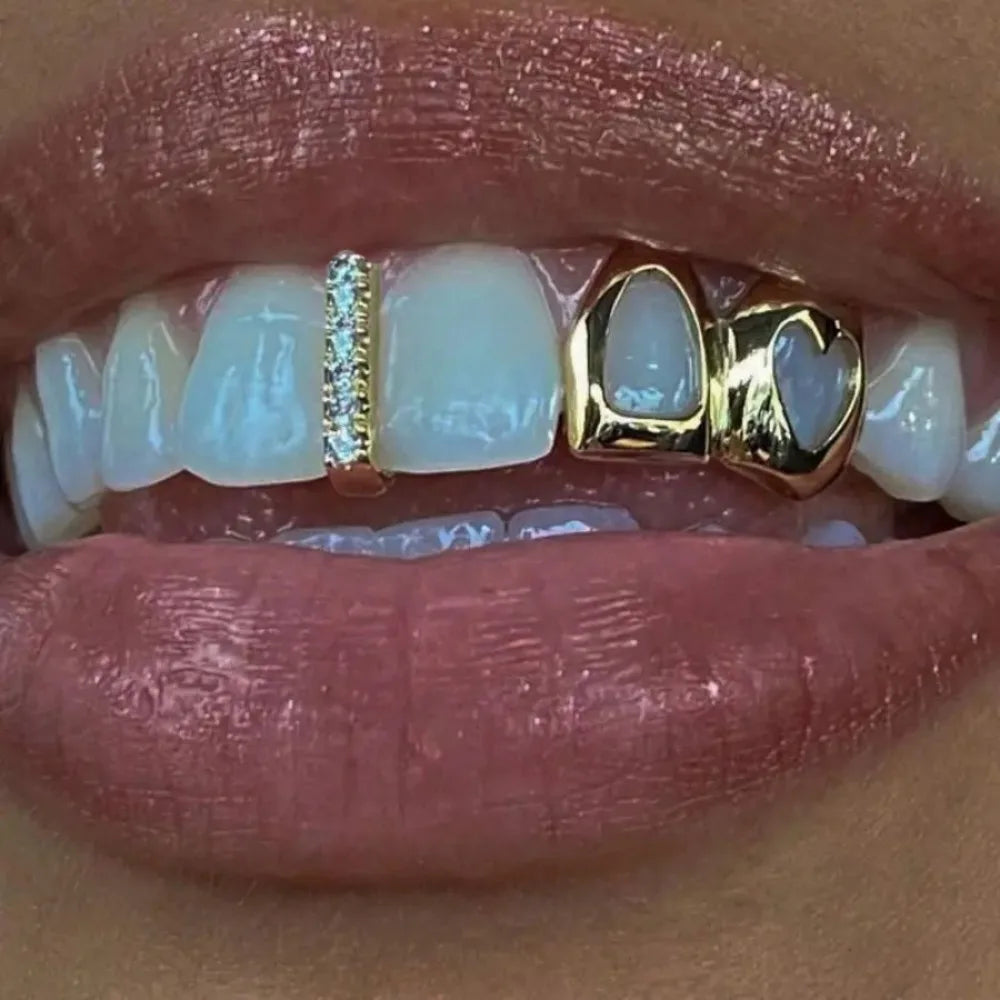 2pcs Set Hip-hop Gold Color Hollowed Hearts Zircon Inlay, Nice Stainless Steel Dental Grills for Women And Men, Fashion Teeth Jewelry Accessories
