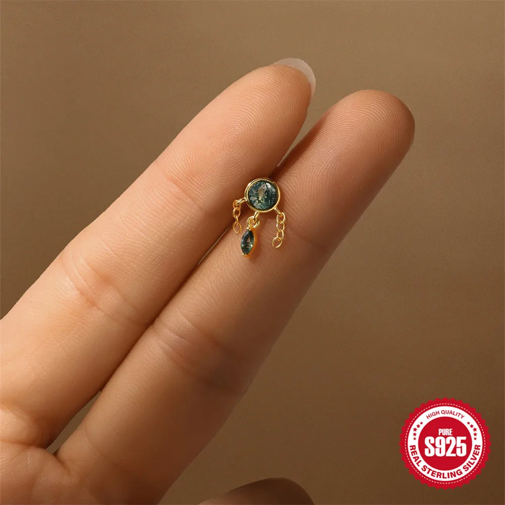 Natural Moss Agate Threaded Puncture Ear Bone, Nail 925 Sterling Silver Tassel Geometric, Nice Green Moss Piercing Earring