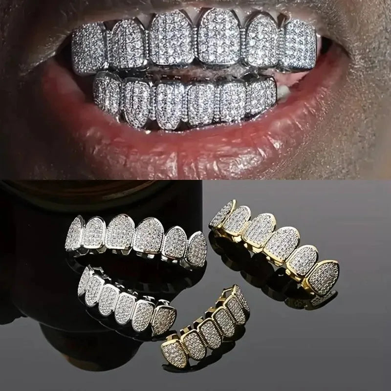 New Hip Hop CZ Teeth Set For Unisex Top And Bottom Mouth, Gold And Silver Color Teeth, Trendy Tooth Cap Removable Dental, Fashion Jewelry Gift