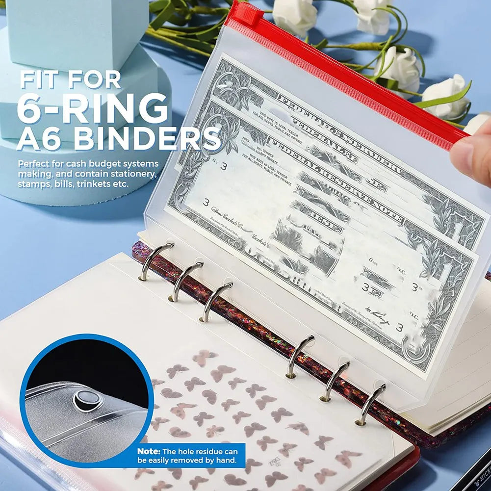 18 PCS A6 Binder Pockets 6-Ring A6 Zipper Pouch for Budget Binder, Waterproof Plastic Envelope Folders Pouch Bags