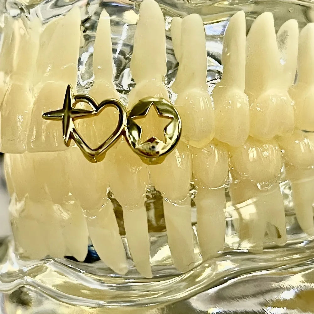 Hip-hop Personality Double Hollowed-out Heart Shape Stars, Stainless Steel Dental Grills for Women And Men , New Halloween Teeth Jewelry