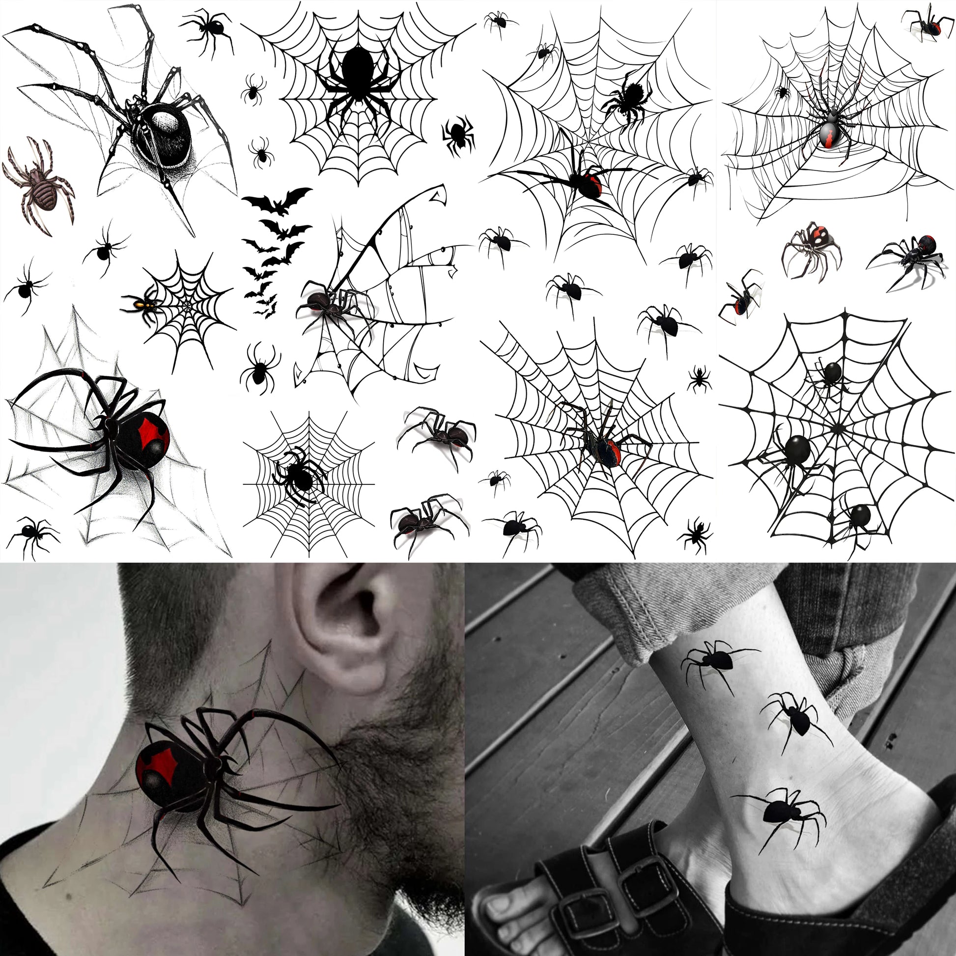 8 Sheets Horrible Realistic 3D Spiders Spiderweb, Temporary Tattoos For Men Women Adults Halloween, Halloween Gift