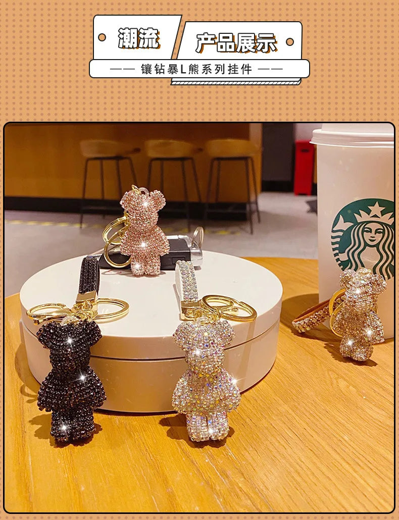 Cute Rhinestones Tassel Bear Keychain Couple Keychain, Beautiful Girl Decoration Kind Small Pendant Car Key Ring Student Bag Pendant