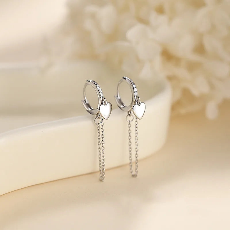 Silver Color Heart-shaped Charm Earrings for Women Temperament Tassel Chain Ear Buckle Beautiful Fashion Jewelry, Nice Gift