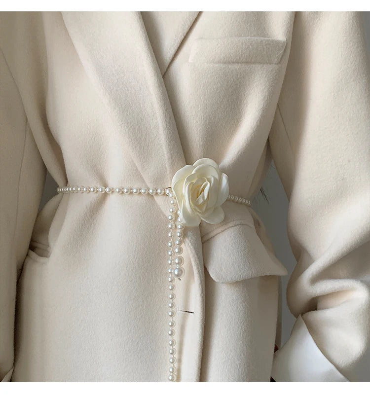 Adorable Pearl Waist Belt Women's New Style Camellia Decorative Versatile Waist Belt Matching Dress Coat Jacket Fashion Elegant Belt