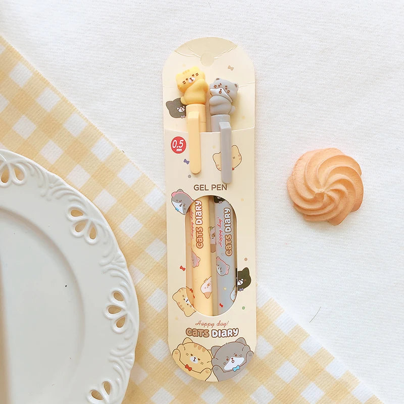 2pcs/box Kawaii stationery office accessories School supplies kit Gift Cat Cute pens aesthetic Black Ink Gel Pen Ballpoint pen