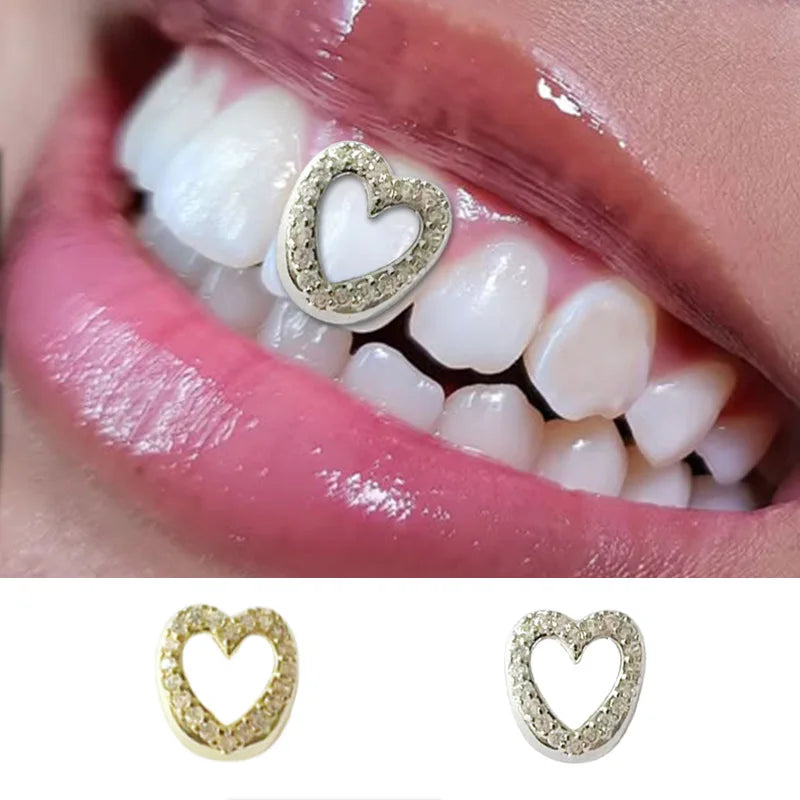 Single CZ Stone Hollow Heart Tooth ,Caps Braces Hip Hip Zircon Tooth, Grillz For Women Men Jewelry Dental Grills