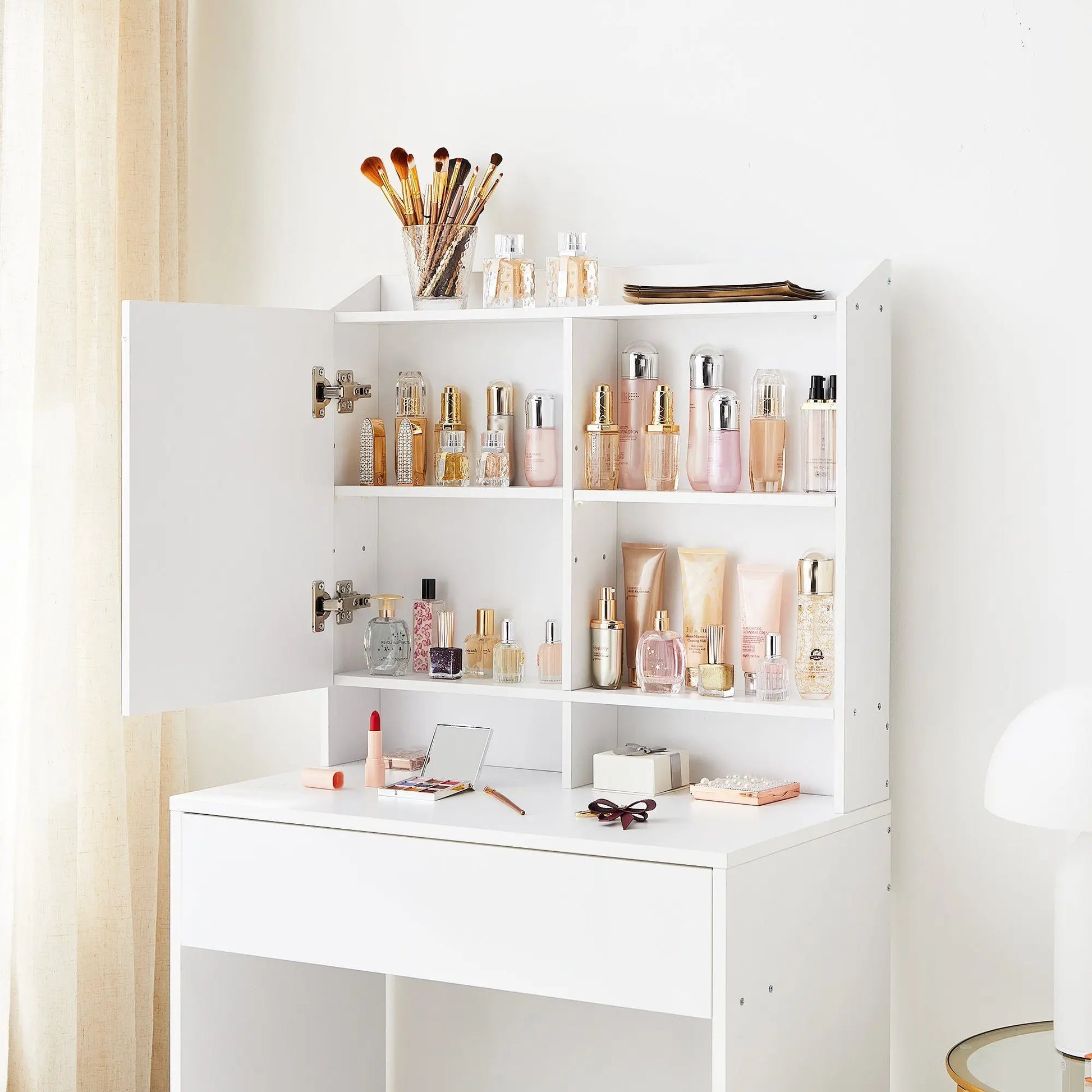 Lovely Dressing Table Make Up With Nice Mirror, Adjustable Shelves, Beautiful White Color, The Best Gift For Girl Ever, Kind Cosmetic Table With Storage For Girls, Chic Dressing Table Drawers, Modern Space Saving Vanity, Luxu