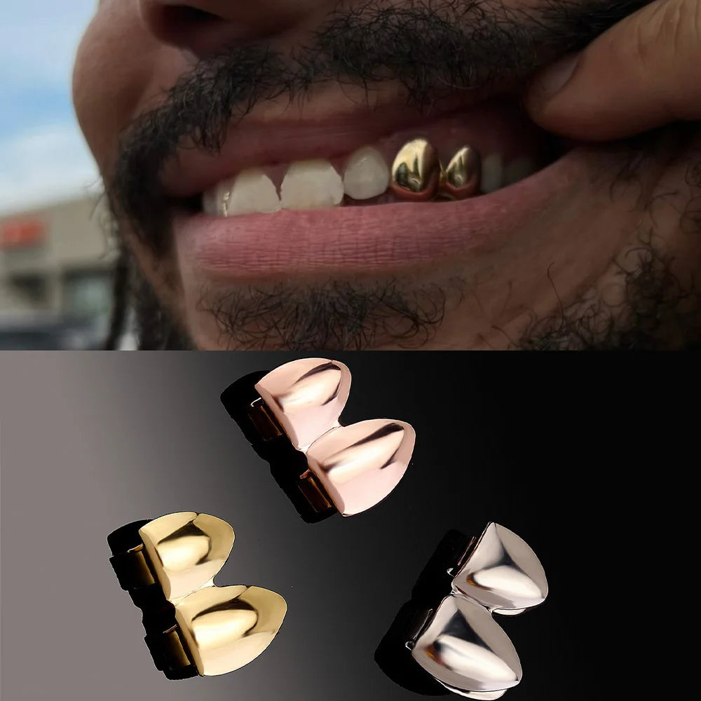 Simple Hip Hop Double Glossy Teeth Grillz Gold And Silver Color, Tooth Caps Fangs Dental Grills For Women And Men, Jewelry Cosplay Gift