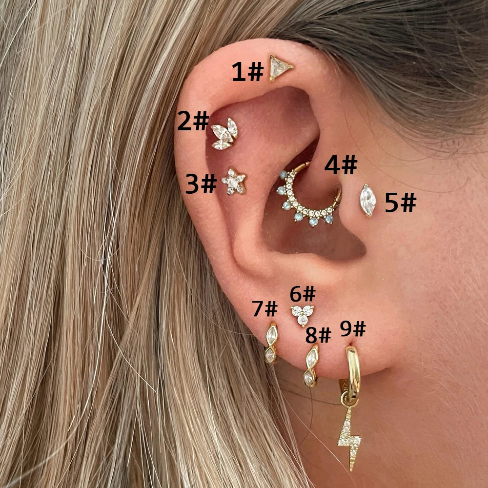 Septum Conch Tragus Piercing Earrings for Women Crown Star Zircon Gold Color Helix Daith Lobe Cartilage Piercing Ear Jewelry, Charming Gift For Her