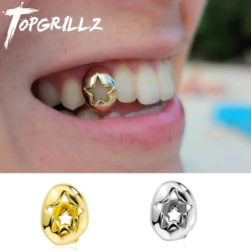 TOPGRILLZ Hip Hop Single Star Teeth Grillz Braces Vintage Glossy Hollow Tooth Caps For Women Men Couple Jewelry Cosplay Gift