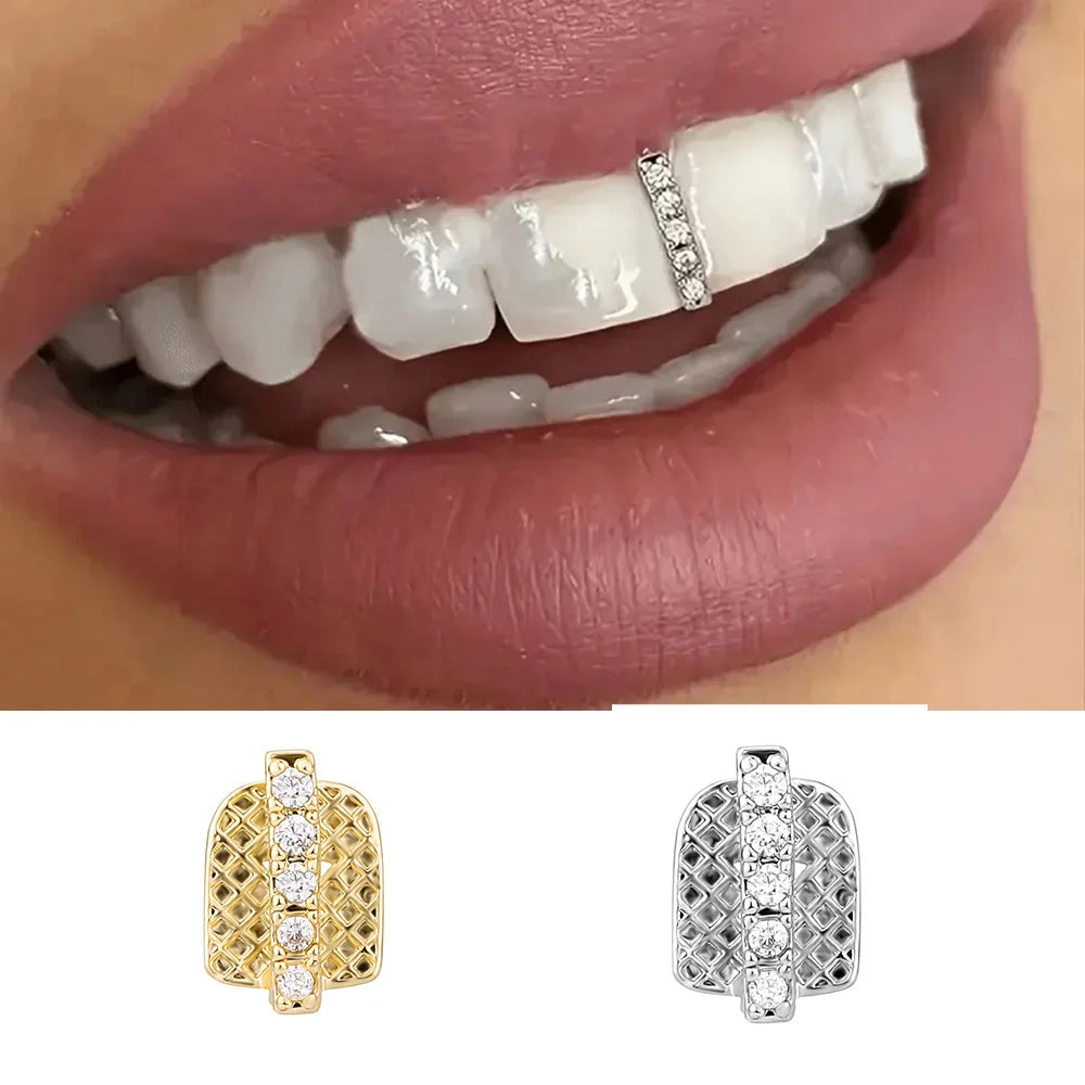 Beautiful Vertical Bar CZ Stone Tooth Caps Braces Hip Hop Single Shiny 5 Zircon Teeth Grillz For Women Men Jewelry Dental Grills
