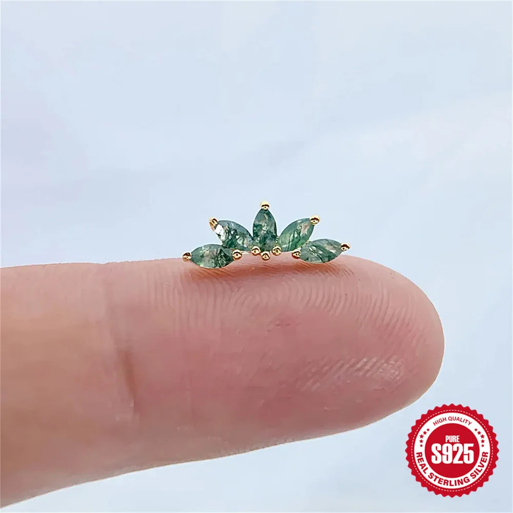 Natural Moss Agate Threaded Puncture Ear Bone, Nail 925 Sterling Silver Tassel Geometric, Nice Green Moss Piercing Earring