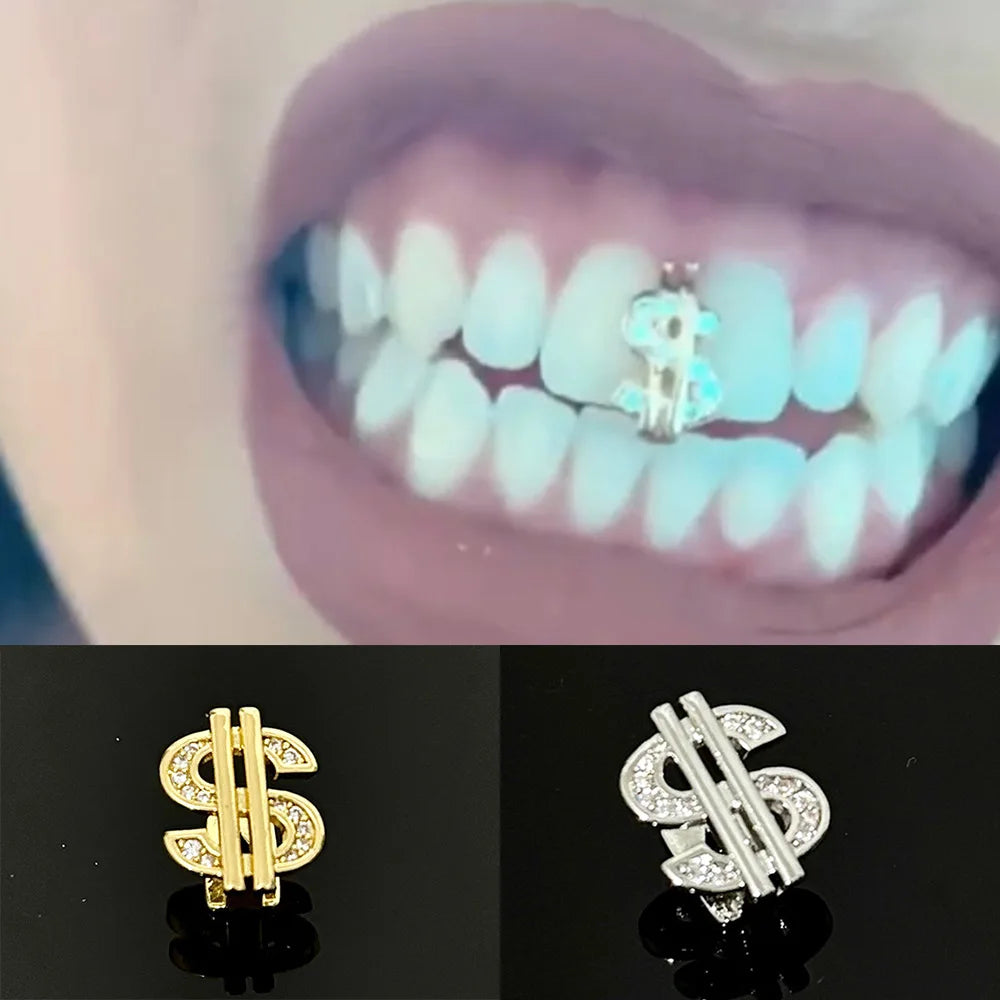 Cubic Zircon Dollar Teeth Grillz, Hip Hop Punk CZ Stone Tooth, Pretty Caps For Women Men, Jewelry Rapper Gift Cosplay