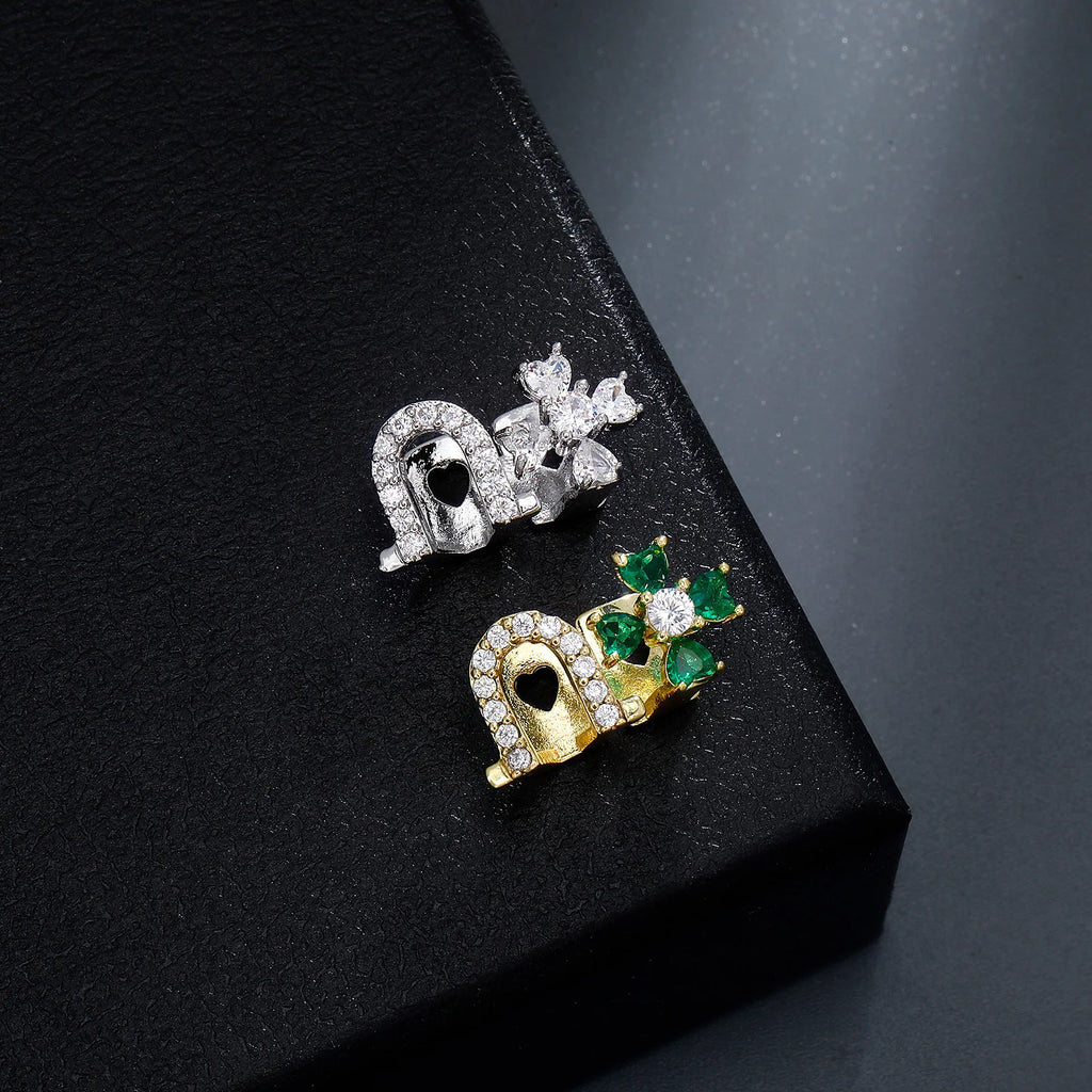 Hip Hop Iced Out Double Teeth, Lucky Green Clover Infinity Grillz, Top & Bottom Punk Rapper Beautiful Christmas Cosplay