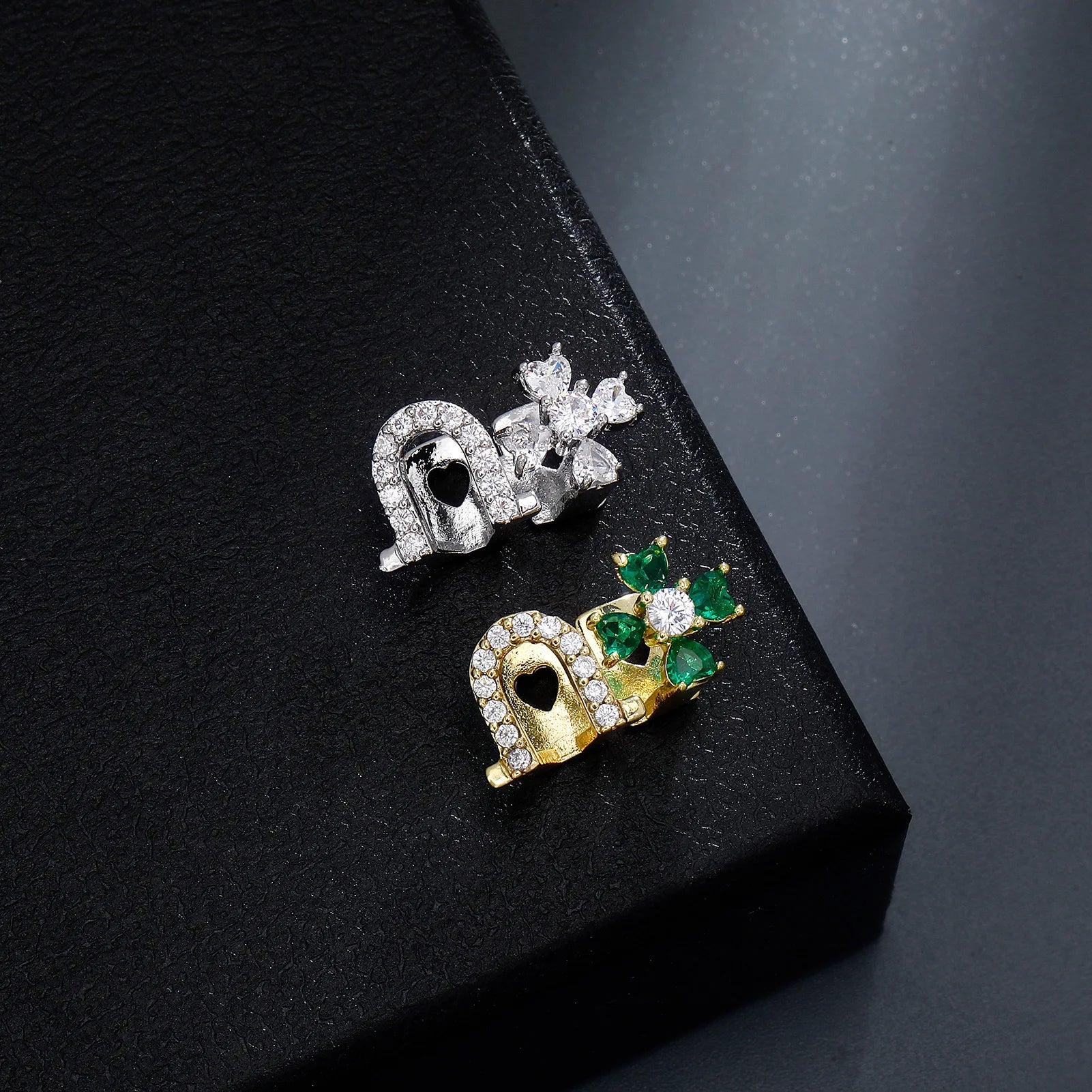 Hip Hop Iced Out Double Teeth, Lucky Green Clover Infinity Grillz, Top & Bottom Punk Rapper Beautiful Christmas Cosplay