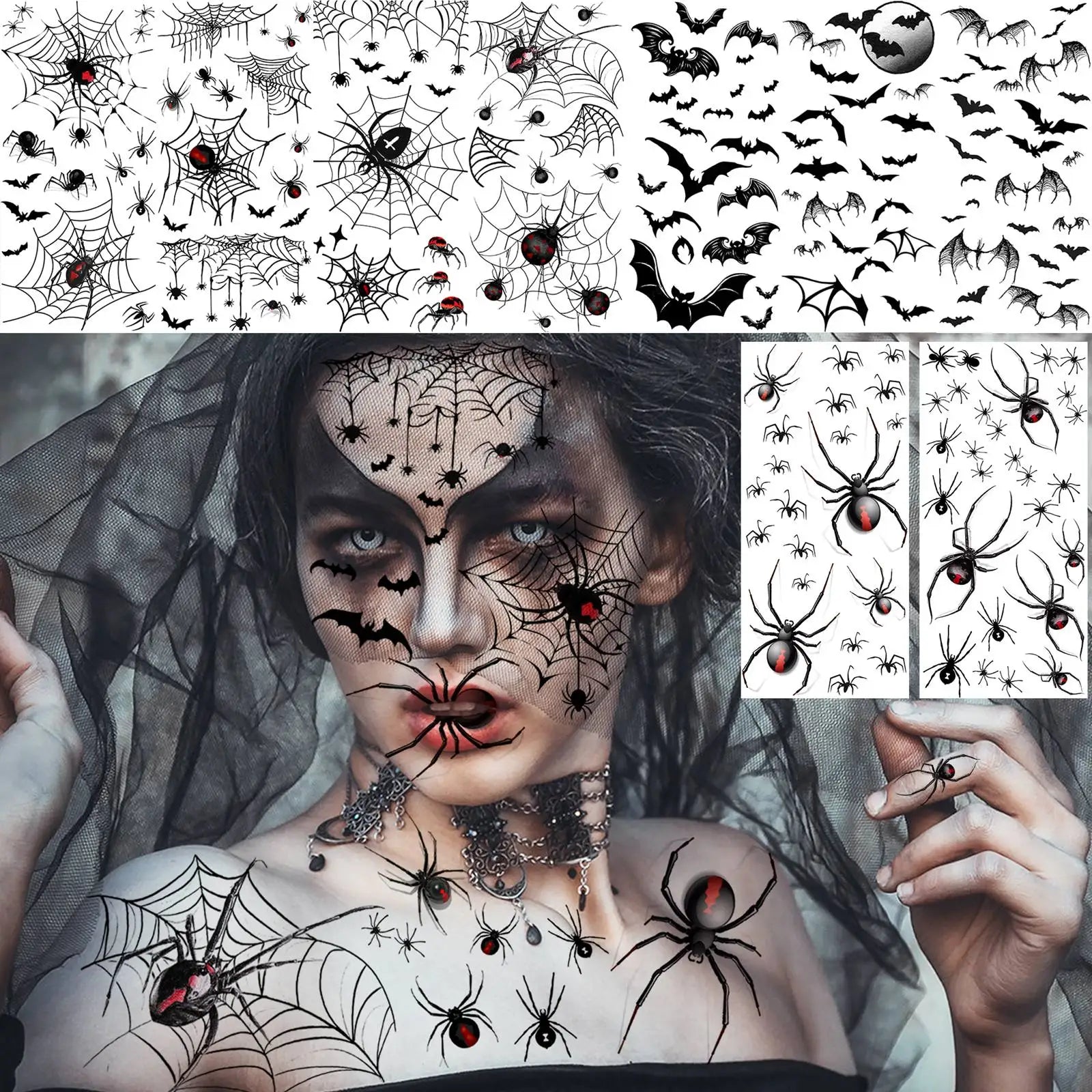 8 Sheets Horrible Realistic 3D Spiders Spiderweb, Temporary Tattoos For Men Women Adults Halloween, Halloween Gift