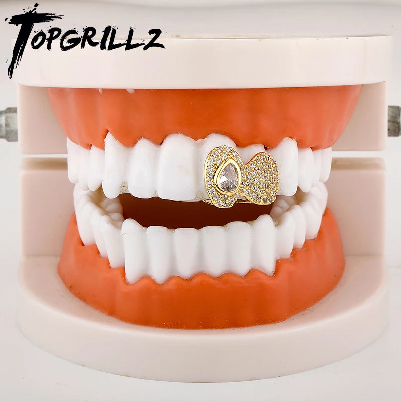 TOPGRILLZ Iced Out Full CZ Stone Teeth Grillz Braces Hip Hop Double Shiny Zircon Tooth Caps For Women Men Rapper Jewelry