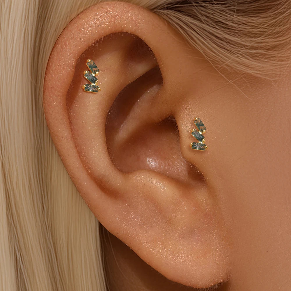 Natural Moss Agate Threaded Puncture Ear Bone, Nail 925 Sterling Silver Tassel Geometric, Nice Green Moss Piercing Earring